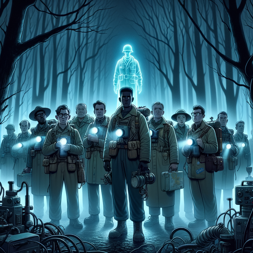 científicos con equipos retroiluminados por linternas azules observan un soldado espectral de la Segunda Guerra Mundial en un bosque brumoso de Essex