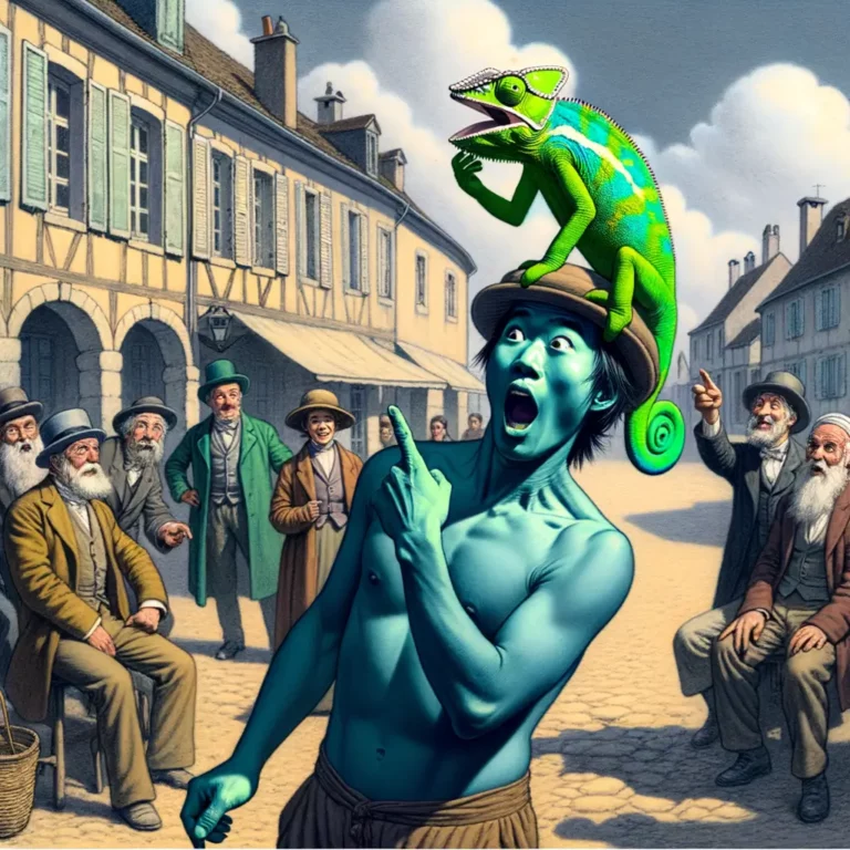 hombre de piel verde a azul con camaleón en el hombro en plaza de pueblo francés mientras transeúntes observan sorprendidos