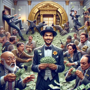 actor carismático dobla billetes en origami rodeado de actores confundidos en un set de banco con confeti saliendo de la bóveda