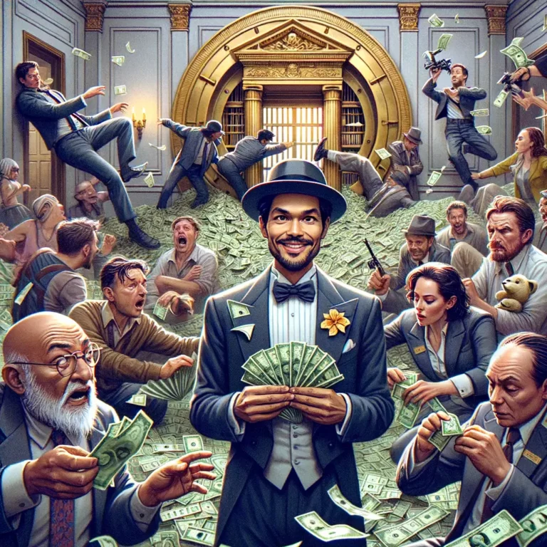 actor carismático dobla billetes en origami rodeado de actores confundidos en un set de banco con confeti saliendo de la bóveda