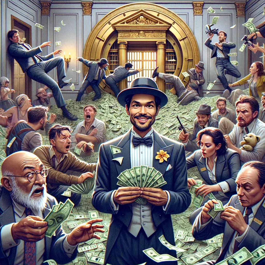 actor carismático dobla billetes en origami rodeado de actores confundidos en un set de banco con confeti saliendo de la bóveda