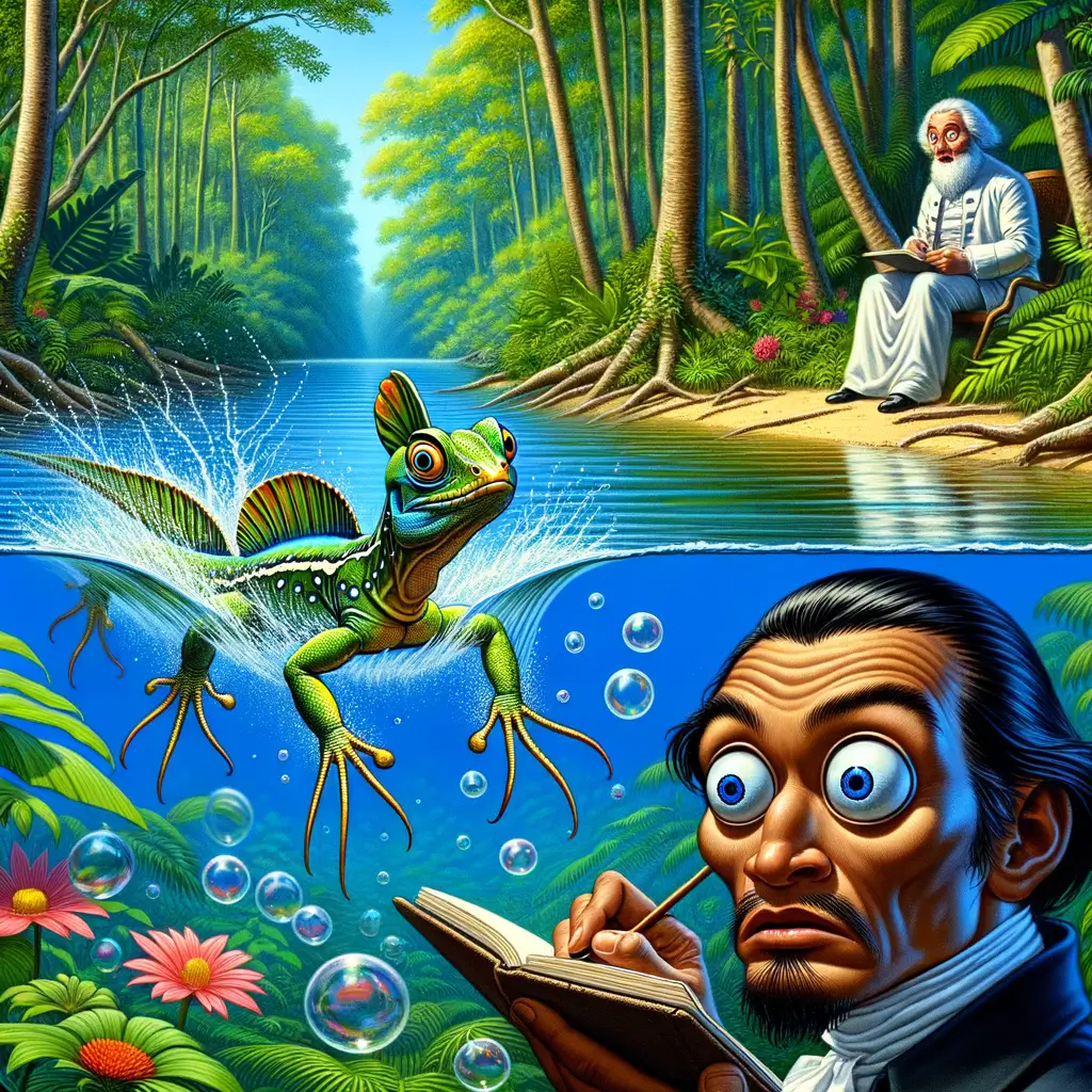 lagarto basilisco con patas alargadas corre sobre un estanque azul mientras un científico sorprendido observa y una nube con forma de Isaac Newton flota arriba