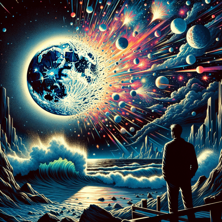 ¿Y si la Luna explotara de repente? 🌕 1 la Luna explota en fragmentos brillantes sobre un océano agitado mientras un observador solitario contempla el fenómeno desde la orilla
