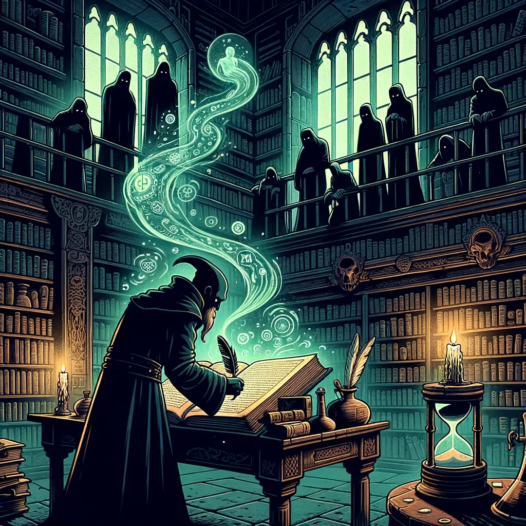 alquimista medieval inclinado sobre un manuscrito brillante en una biblioteca antigua con figuras espectrales y símbolos flotantes a su alrededor