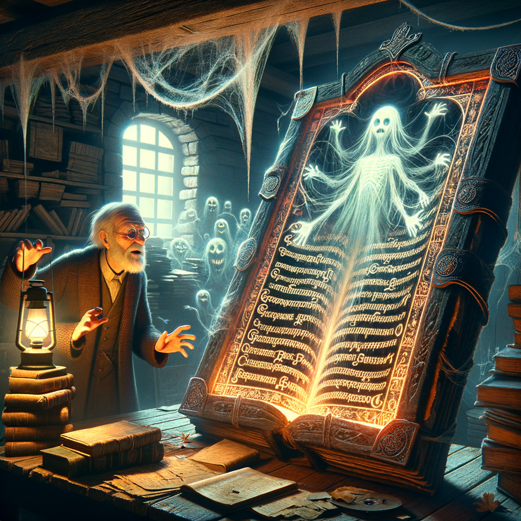 anciano bibliotecario observa asombrado un manuscrito negro brillante en una biblioteca rusa llena de libros antiguos y figuras espectrales emergiendo de las páginas