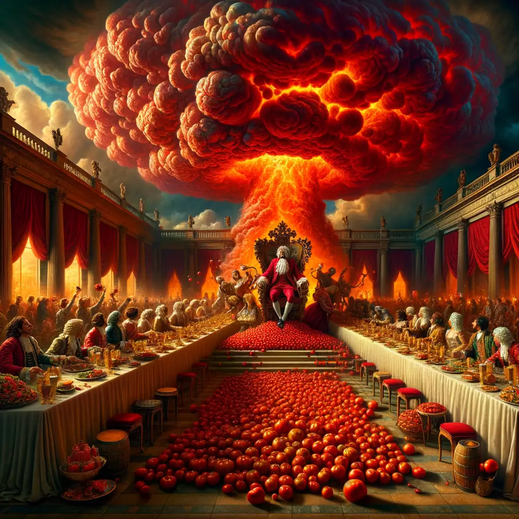 rey en trono rodeado de banquete con montaña de tomates, mientras campesinos y nobles arrojan tomates al fuego bajo un cielo de nubes en forma de tomates