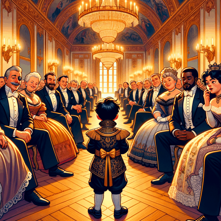 El niño que estafó al Imperio Austrohúngaro 👑 1 niño con traje noble grande gesticula confiado rodeado de aristócratas intrigados bajo candelabros en un salón imperial austrohúngaro decorado con lujo