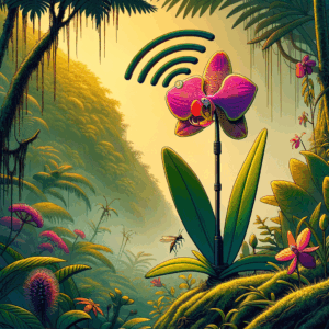 orquídea de colores vivos imitando una antena wifi rodeada de animales curiosos en una jungla con niebla y un insecto flotando cerca