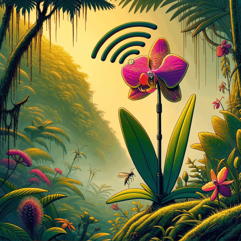 orquídea de colores vivos imitando una antena wifi rodeada de animales curiosos en una jungla con niebla y un insecto flotando cerca