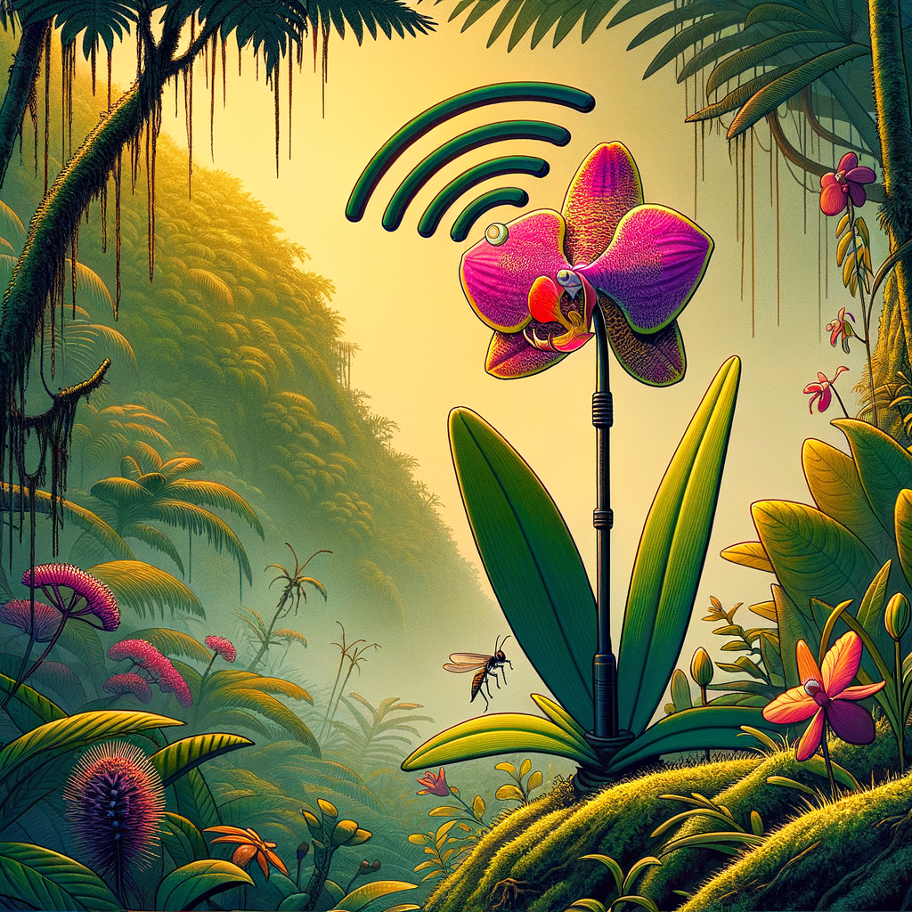 orquídea de colores vivos imitando una antena wifi rodeada de animales curiosos en una jungla con niebla y un insecto flotando cerca
