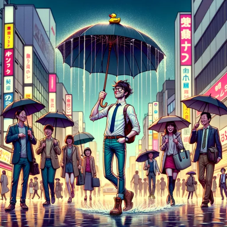 joven hipster empapado sostiene un paraguas con agujeros mientras la lluvia cae, rodeado de curiosos en una calle de Tokio iluminada por neones
