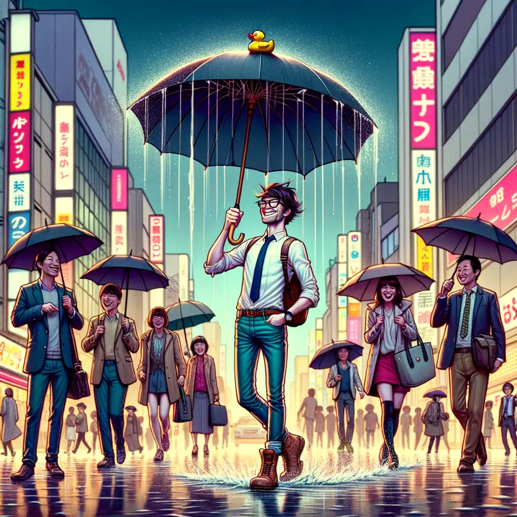 joven hipster empapado sostiene un paraguas con agujeros mientras la lluvia cae, rodeado de curiosos en una calle de Tokio iluminada por neones
