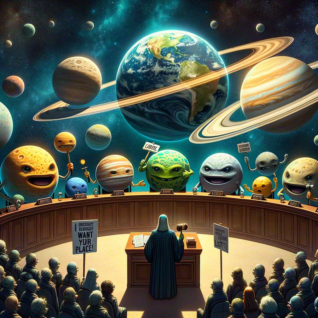 Plutón sostiene un cartel de protesta frente a un jurado de planetas del sistema solar en una corte celestial rodeada de lunas solidarias.