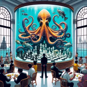 un pulpo en un acuario mueve piezas de ajedrez con sus tentáculos mientras una multitud de espectadores observa asombrada en una sala llena de gente