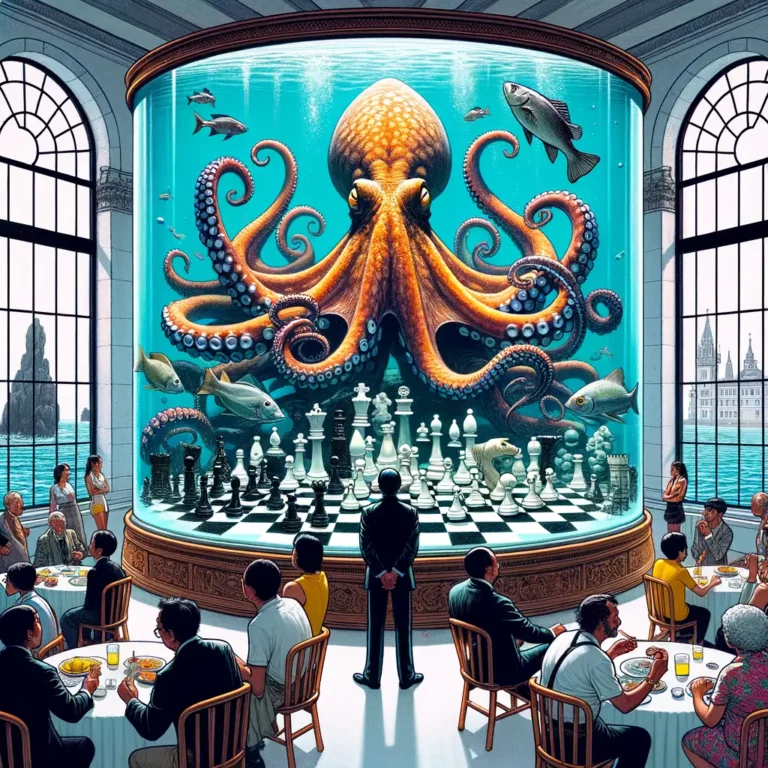 un pulpo en un acuario mueve piezas de ajedrez con sus tentáculos mientras una multitud de espectadores observa asombrada en una sala llena de gente