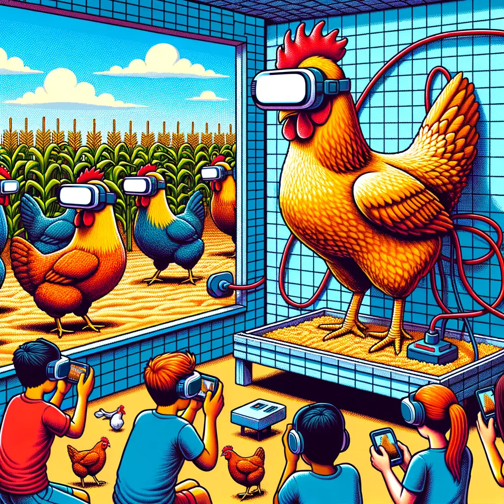 gallinas con visores de realidad virtual en un gallinero futurista rodeado de paisajes digitales mientras estudiantes observan y fotografían desde una ventana