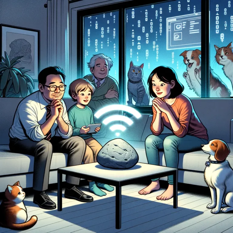 familia de tres observa con asombro una roca con símbolos Wi-Fi brillantes en la mesa mientras mascotas miran desde afuera