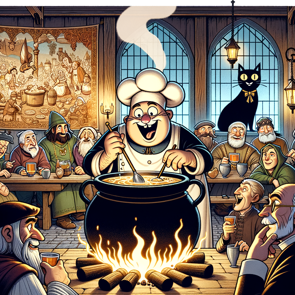 cocinero medieval con delantal manchado remueve un caldero humeante mientras un noble observa con una cuchara dorada y un gato moderno mira horrorizado desde afuera