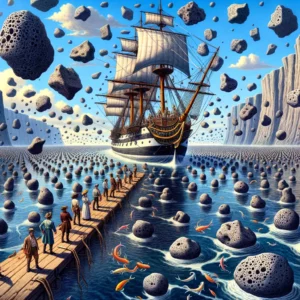 marineros con expresiones exageradas observan un campo de piedras flotantes alrededor de su barco mientras un volcán erupciona piedras en lugar de lava