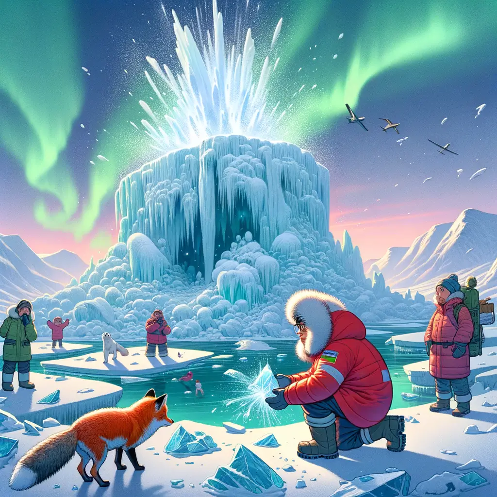 científico en parka roja examina hielo mientras un zorro ártico observa un volcán de hielo en erupción bajo una aurora boreal
