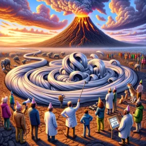 turistas y geólogos con sombreros de fiesta observan lava plateada y fluida que emana del volcán Ol Doinyo Lengai bajo un cielo colorido