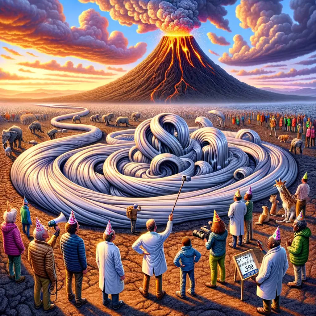 turistas y geólogos con sombreros de fiesta observan lava plateada y fluida que emana del volcán Ol Doinyo Lengai bajo un cielo colorido