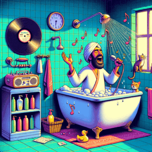 Persona disfrutando música en la ducha con un tocadiscos impermeable