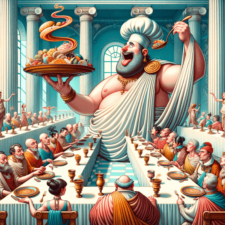 Chef romano presentando un banquete imaginario en una mesa vacía