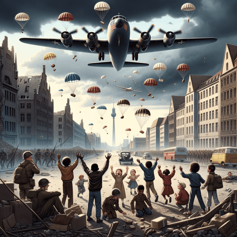Avión lanzando caramelos con paracaídas sobre una ciudad en tiempos de guerra