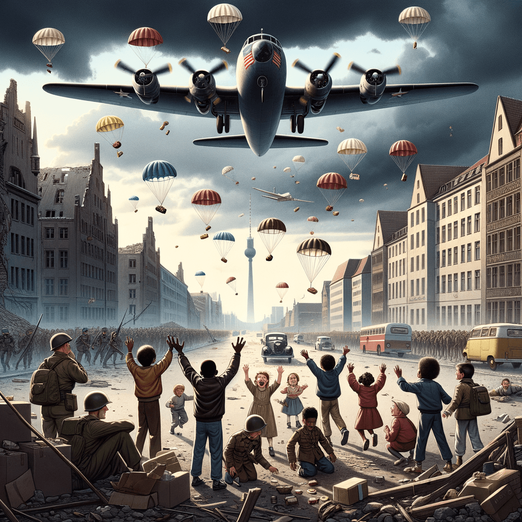 Avión lanzando caramelos con paracaídas sobre una ciudad en tiempos de guerra