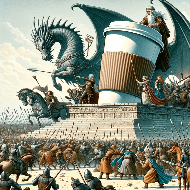 Gandalf sosteniendo un vaso de café en un campo de batalla épico