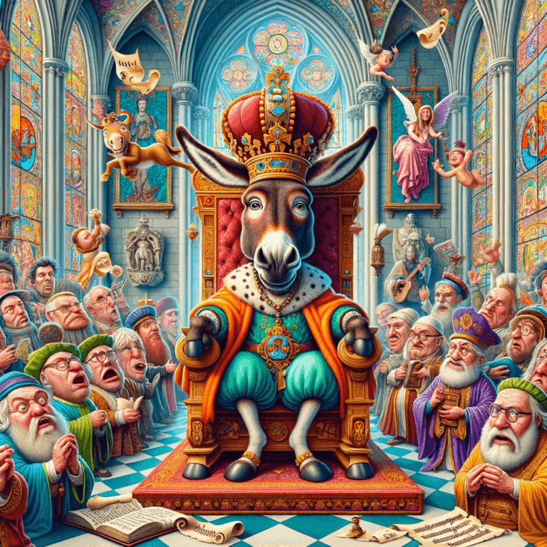 Burro con tiara papal rodeado de monjes medievales sorprendidos