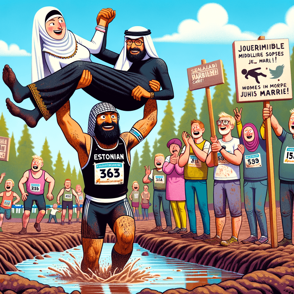 Hombre corriendo con su esposa a cuestas en una competencia al aire libre