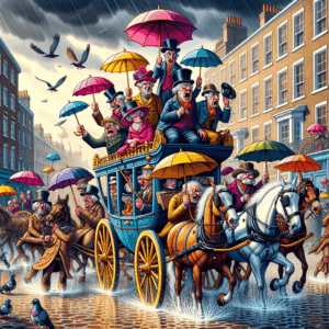 Gentleman británico sosteniendo un paraguas prohibido bajo la lluvia en Londres del siglo XVIII