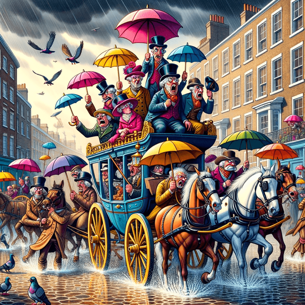 Gentleman británico sosteniendo un paraguas prohibido bajo la lluvia en Londres del siglo XVIII