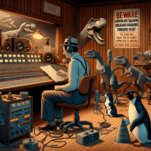Tiranosaurio rex rugiendo con un pingüino y un perro al lado en un set de filmación