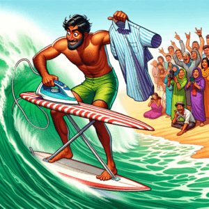 Persona planchando ropa mientras surfea una ola en el océano