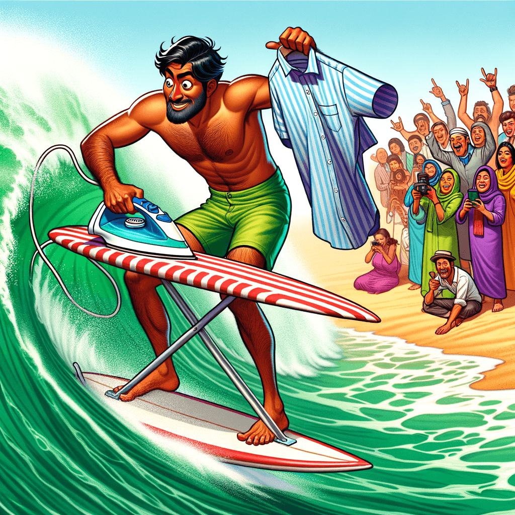 Persona planchando ropa mientras surfea una ola en el océano