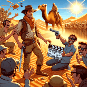 Indiana Jones apuntando con una pistola en un mercado tunecino