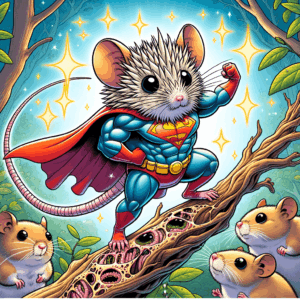 Ratón con capa de superhéroe rodeado de células regenerándose