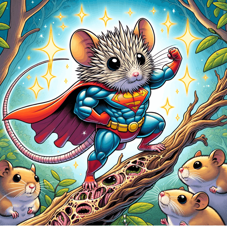 Ratón con capa de superhéroe rodeado de células regenerándose