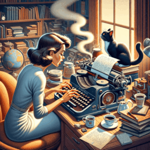Máquina de escribir con una taza de café integrada en un escritorio vintage