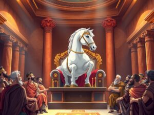Caballo con toga y corona de laurel en un antiguo senado romano