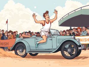 Corredor cruzando la meta mientras un coche se aleja discretamente en el fondo