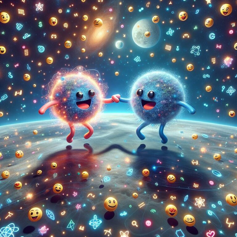 Dos partículas conectadas por líneas brillantes en un espacio estrellado