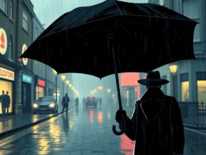 Paraguas abierto con mecanismo de disparo visible en un entorno de espías retro