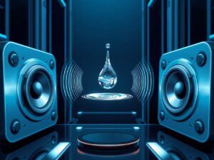 Objeto pequeño levitando sobre altavoces que emiten ondas sonoras visibles