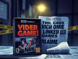 Consola de videojuegos mostrando escena de crimen mientras un detective observa sorprendido