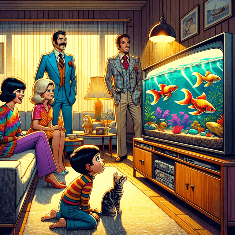 Televisor antiguo con peces nadando dentro mientras emite una telenovela