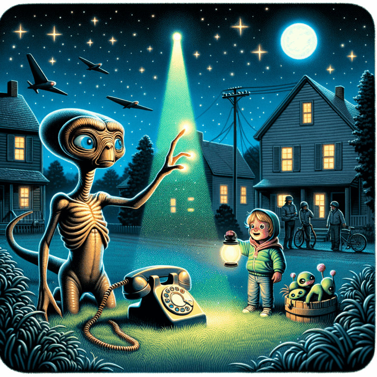 E.T. sosteniendo un teléfono improvisado con piezas de melón en un set de filmación
